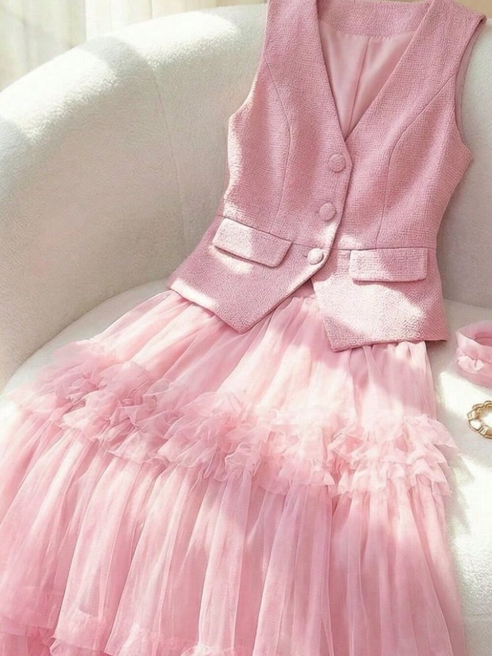 Pink Elegant Jacquard Women's  A-Line Mesh skirt with button down vest set - Picture 3 of 6
